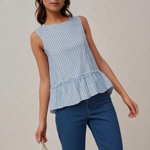 Beach Lunch Lounge Women's Ruffle Hem Striped Sleeveless Top Sz Large Breathable